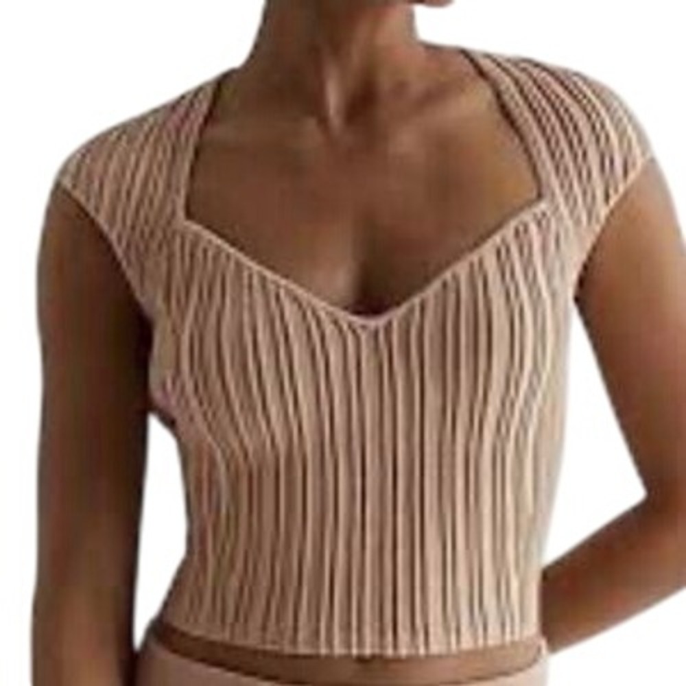 EXPRESS Tan With Rose Gold Metallic Ribbed Cap Sleeve Crop Top‎ NWT Size Large